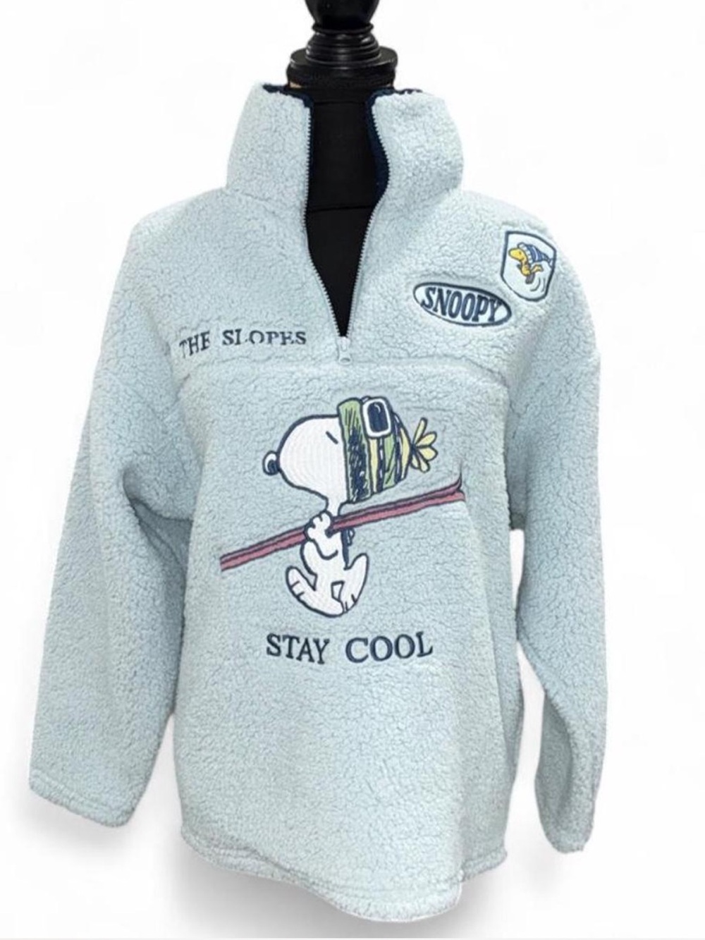Peanuts Light Blue Sherpa Pullover with Snoopy Ski Graphic